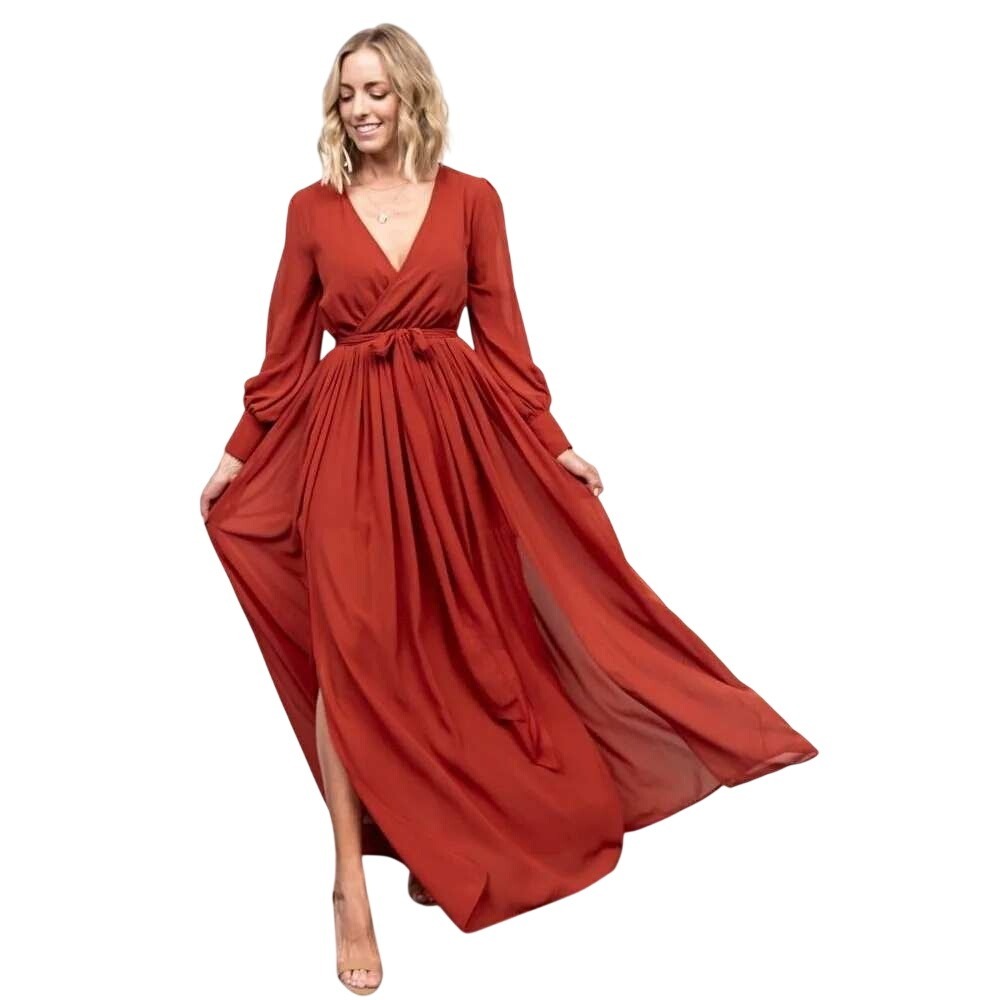 Baltic Born Celine Long Sleeve Chiffon Maxi Dress Rust XL